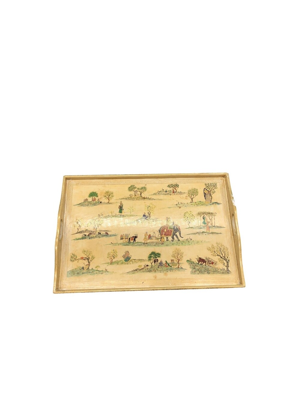 Vintage Suffering Moses Serving Tray Hand Painted Wood Kashmir Village 1969